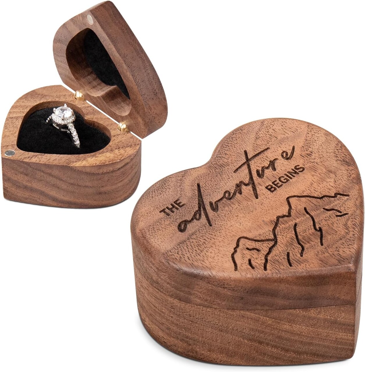Engagement Proposal Ring Box Secret Slim Hidden Wooden Heart Shaped Engraved Jewelry Storage Ring Case Ring Bearer Box Ring Holder for Wedding Ceremony (The adventure begins)